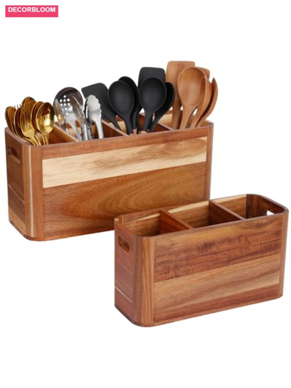 2PC Acacia Wood Utensil Holder, Countertop Organizer with Compartments